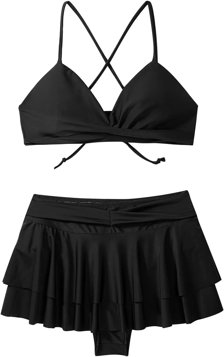 iiniim Woman's 2 Piece V-Neck Criss Cross Swimsuit Bikini Bra Top Pleated Mini Skirt Bathing Suit Swimwear