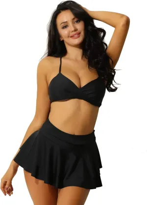 iiniim Woman's 2 Piece V-Neck Criss Cross Swimsuit Bikini Bra Top Pleated Mini Skirt Bathing Suit Swimwear