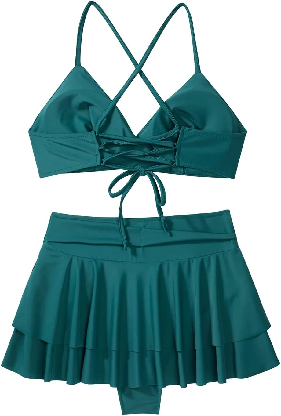 iiniim Woman's 2 Piece V-Neck Criss Cross Swimsuit Bikini Bra Top Pleated Mini Skirt Bathing Suit Swimwear