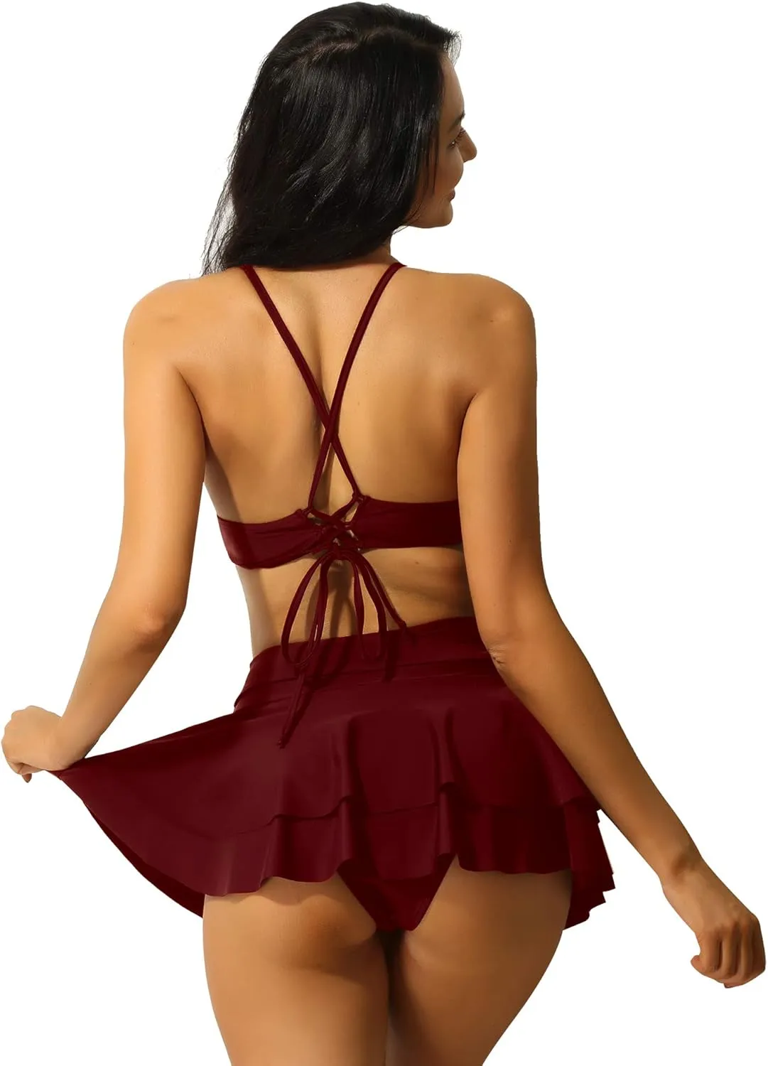 iiniim Woman's 2 Piece V-Neck Criss Cross Swimsuit Bikini Bra Top Pleated Mini Skirt Bathing Suit Swimwear