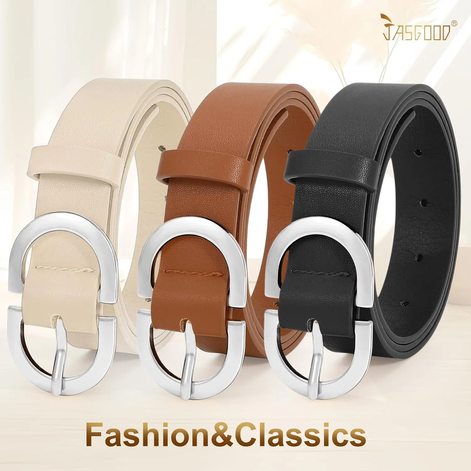 JASGOOD 3 Pack Women Faux Leather Belts for Jeans Pants Fashion Dresses Ladies Belt with Gold Buckle