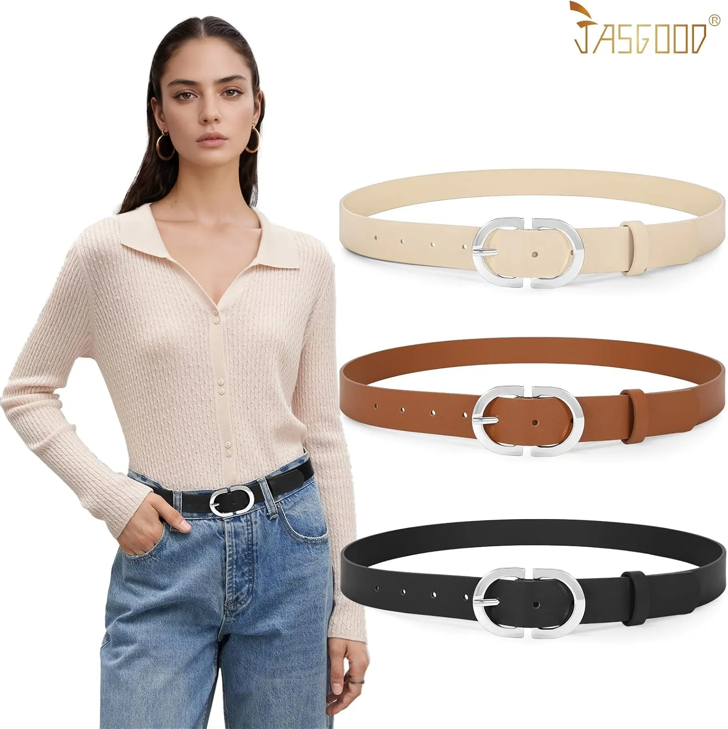 JASGOOD 3 Pack Women Faux Leather Belts for Jeans Pants Fashion Dresses Ladies Belt with Gold Buckle