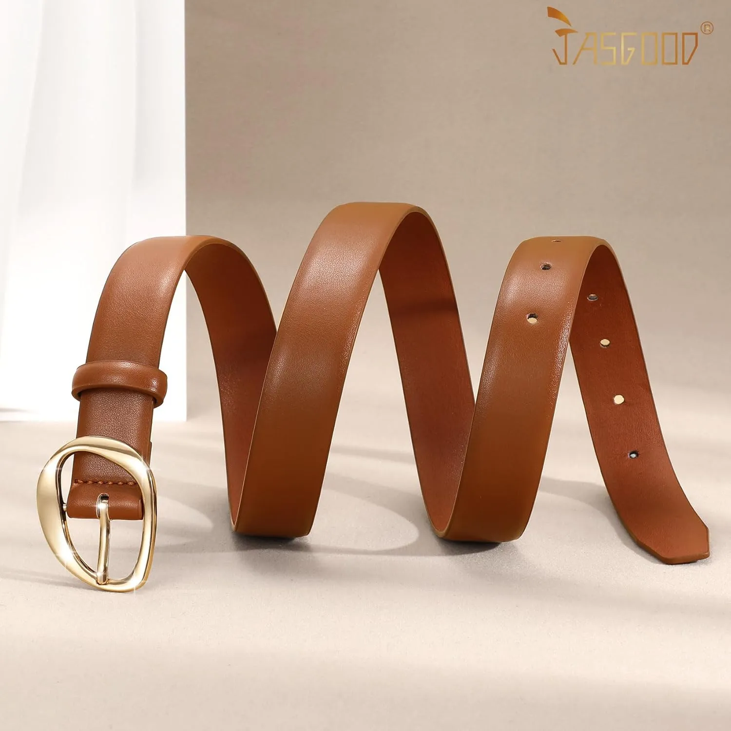 JASGOOD Leather Belts for Women Casual Fashion Waist Belt with Gold Buckle Ladies for Jeans Pants Dresses