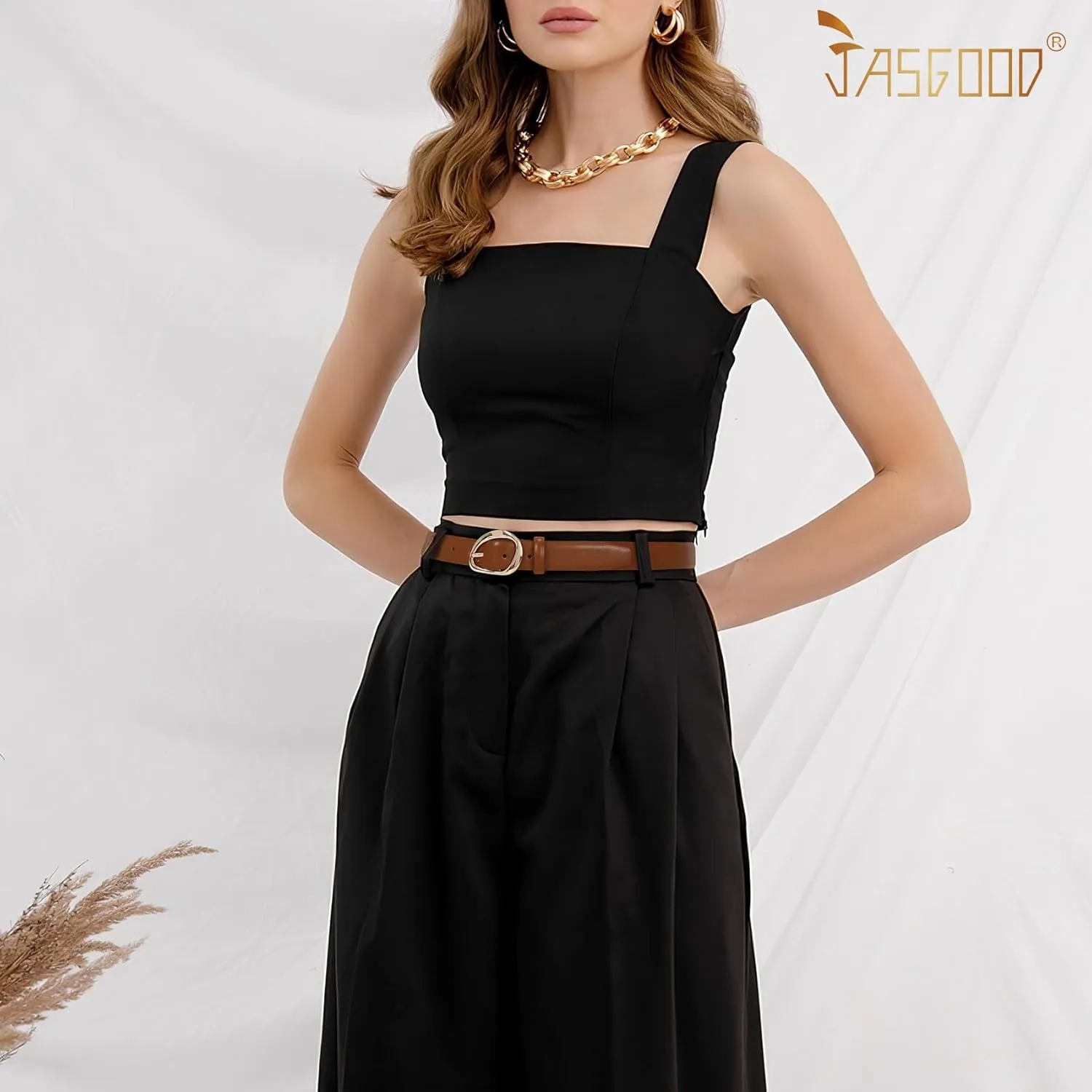 JASGOOD Leather Belts for Women Casual Fashion Waist Belt with Gold Buckle Ladies for Jeans Pants Dresses