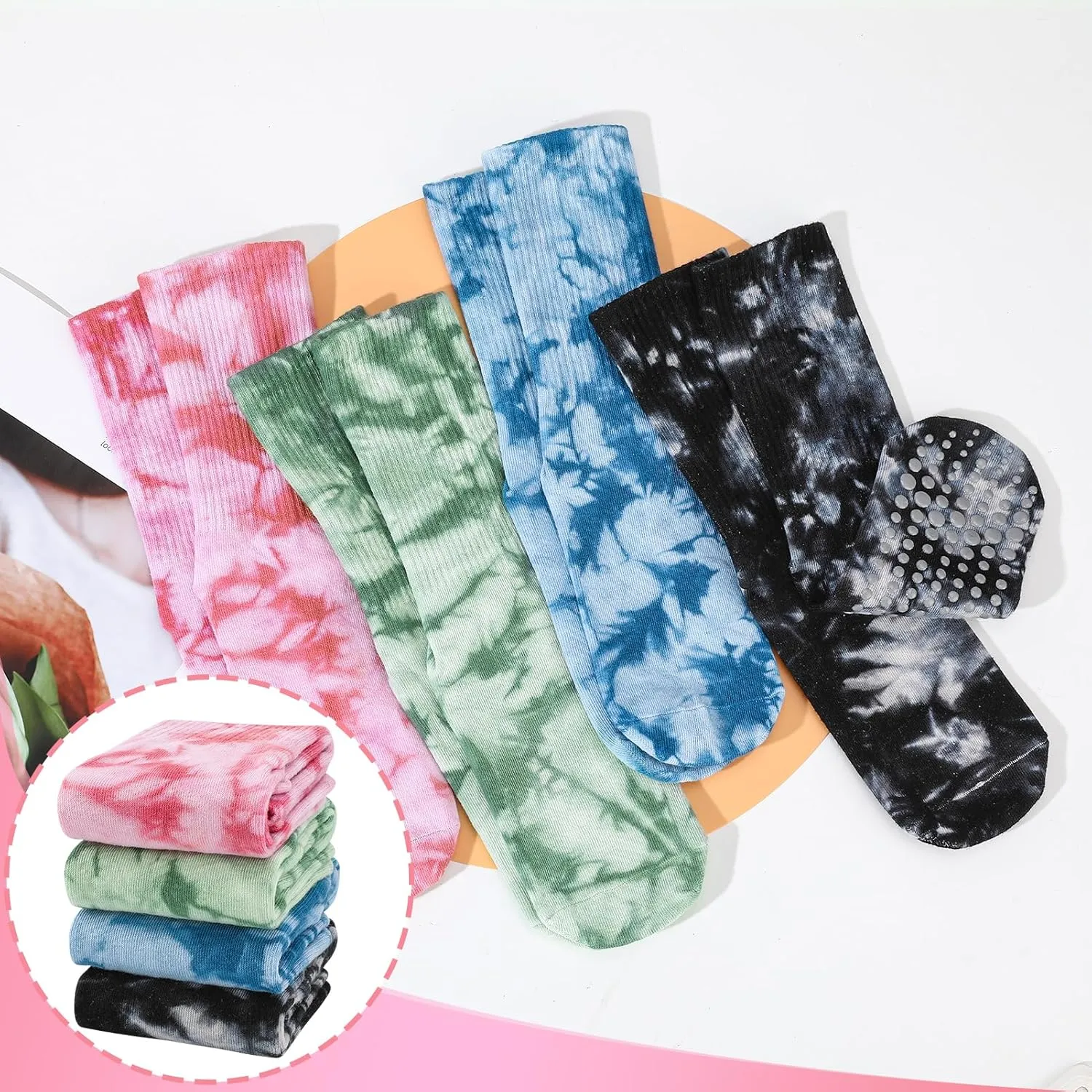Jspupifip 4 Pairs Women Tie Dye Yoga Socks with Grips Non Slip Grip Crew Socks Colorful Grippy Socks for Pilates Barre Home
