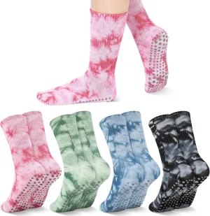 Jspupifip 4 Pairs Women Tie Dye Yoga Socks with Grips Non Slip Grip Crew Socks Colorful Grippy Socks for Pilates Barre Home