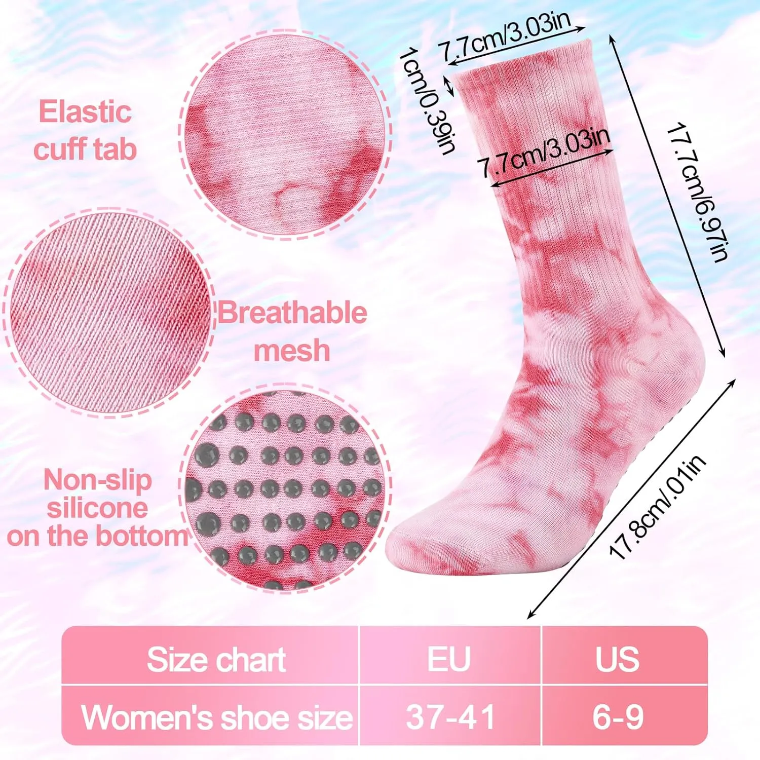 Jspupifip 4 Pairs Women Tie Dye Yoga Socks with Grips Non Slip Grip Crew Socks Colorful Grippy Socks for Pilates Barre Home
