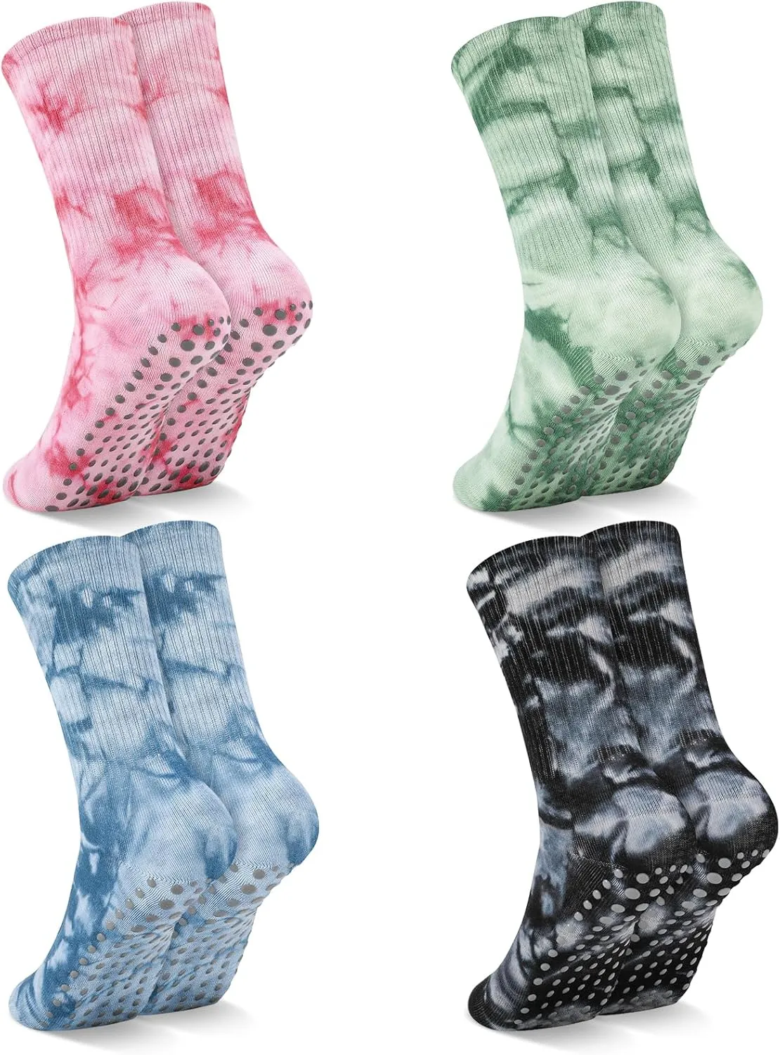 Jspupifip 4 Pairs Women Tie Dye Yoga Socks with Grips Non Slip Grip Crew Socks Colorful Grippy Socks for Pilates Barre Home