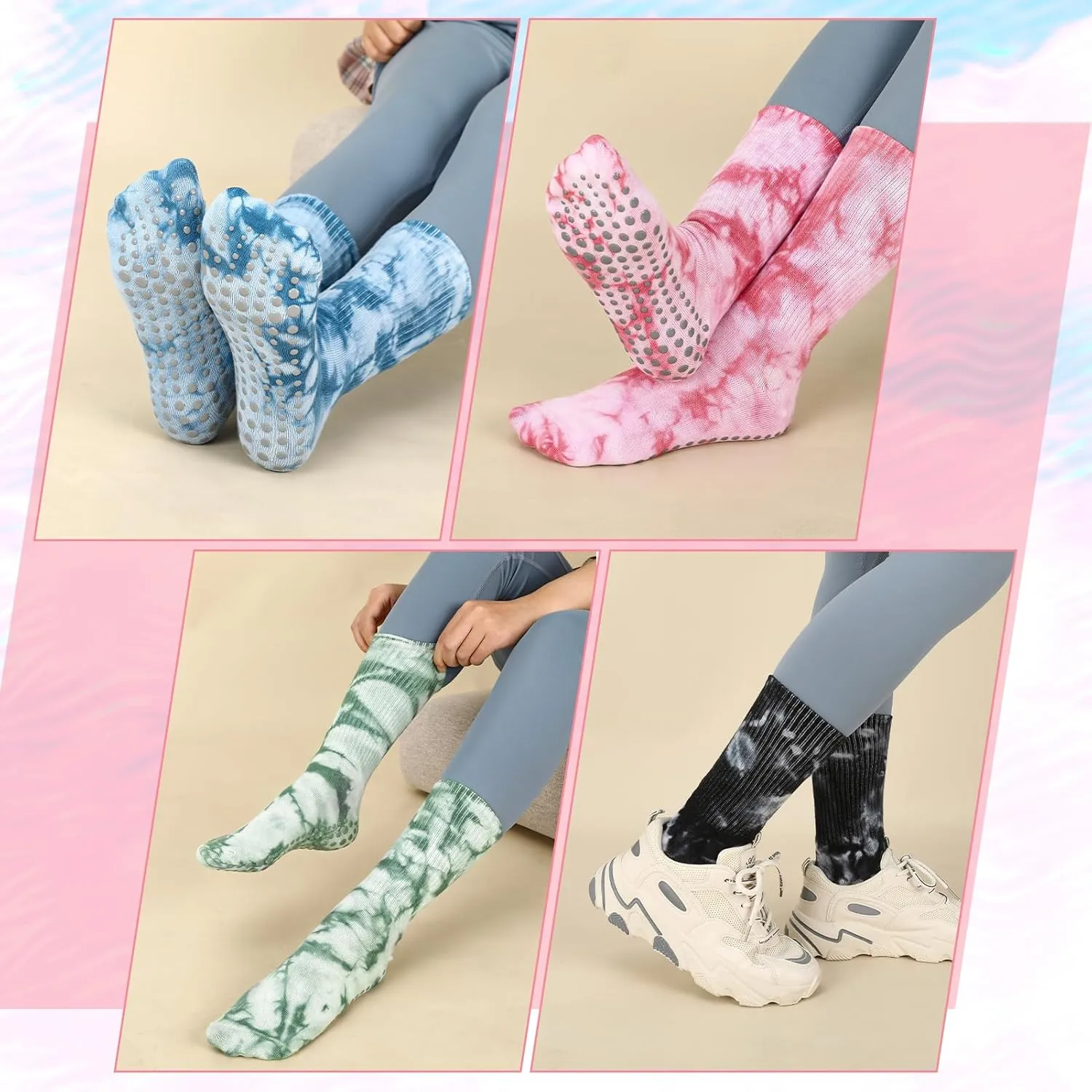 Jspupifip 4 Pairs Women Tie Dye Yoga Socks with Grips Non Slip Grip Crew Socks Colorful Grippy Socks for Pilates Barre Home