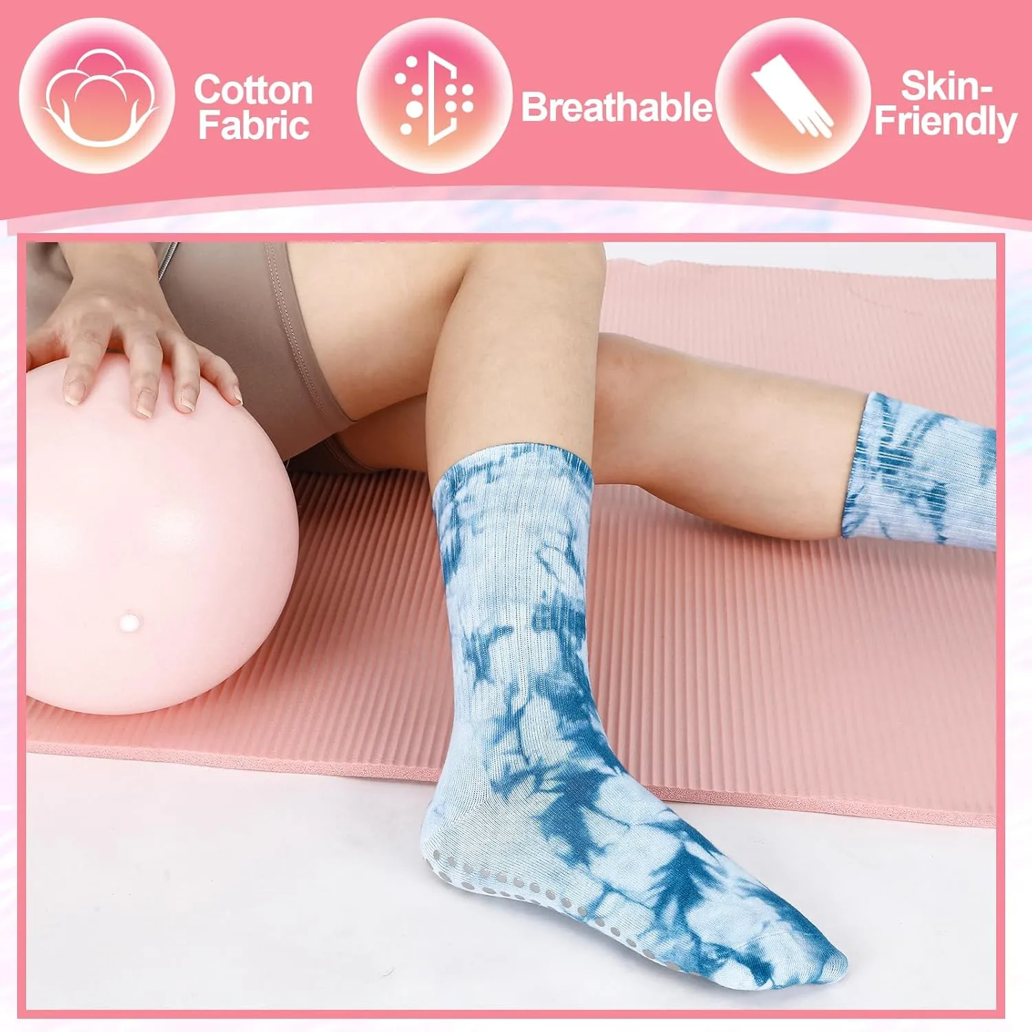 Jspupifip 4 Pairs Women Tie Dye Yoga Socks with Grips Non Slip Grip Crew Socks Colorful Grippy Socks for Pilates Barre Home