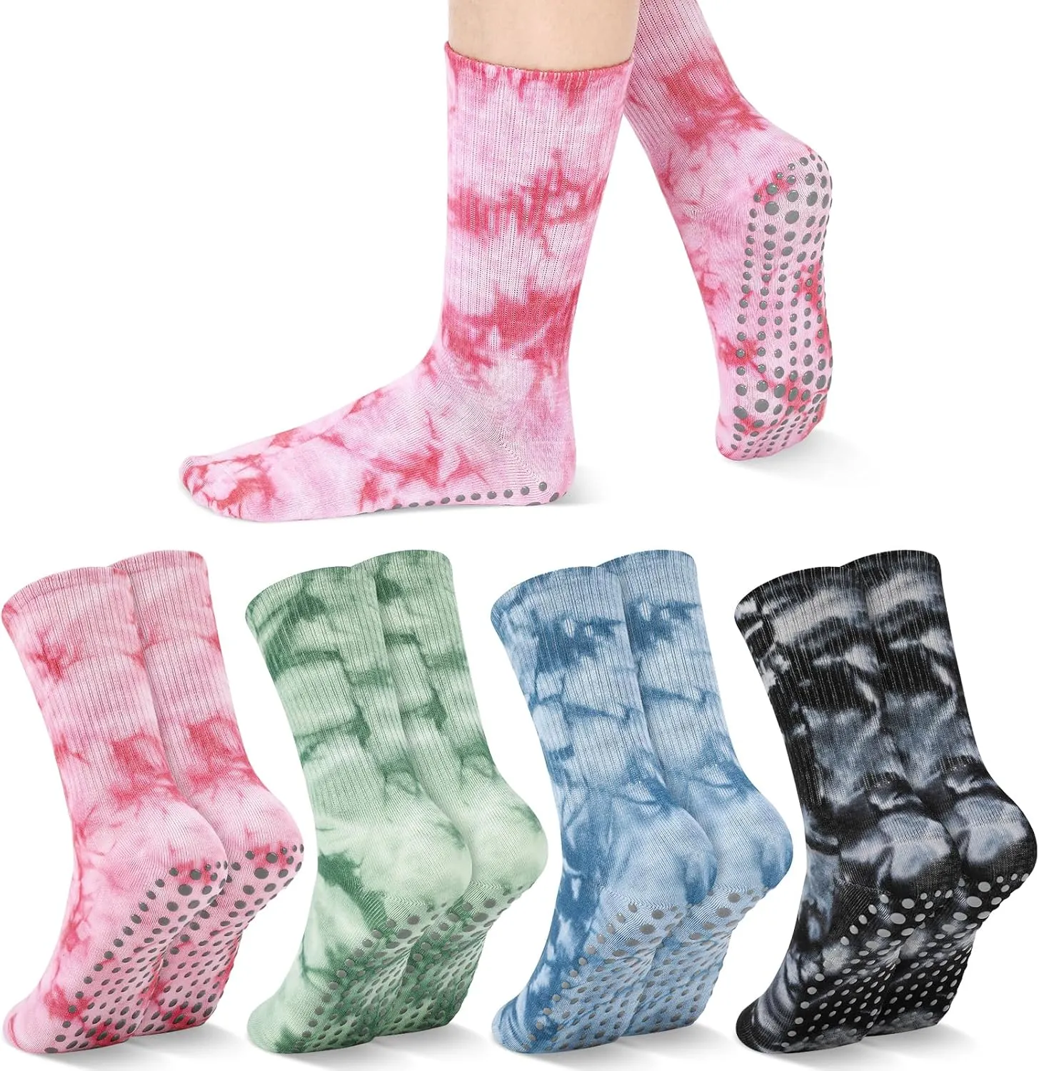 Jspupifip 4 Pairs Women Tie Dye Yoga Socks with Grips Non Slip Grip Crew Socks Colorful Grippy Socks for Pilates Barre Home