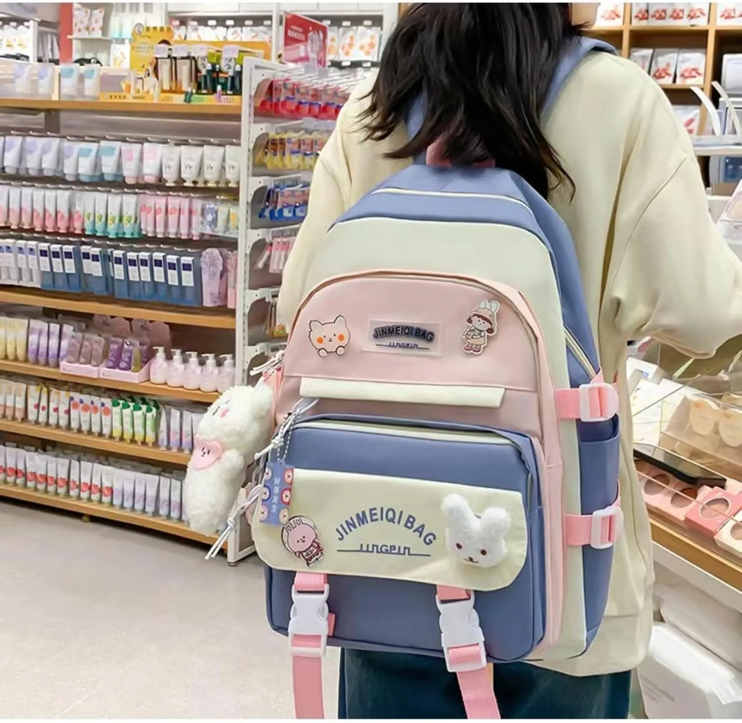 Kawaii 5-piece backpack set, cute school aesthetic schoolbag, youth supplies backpack set and accessories (Blue Schoolbag6, 16.92x12.2x6.29 inch)