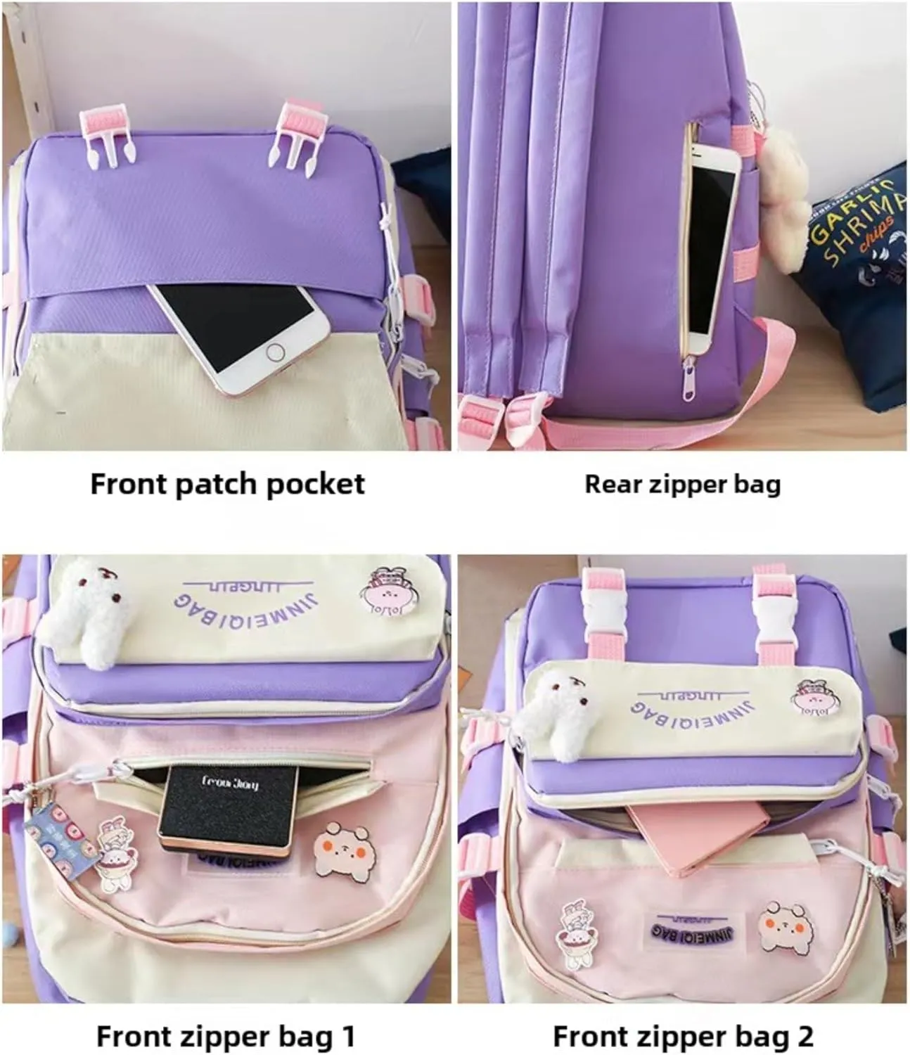 Kawaii 5-piece backpack set, cute school aesthetic schoolbag, youth supplies backpack set and accessories (Blue Schoolbag6, 16.92x12.2x6.29 inch)