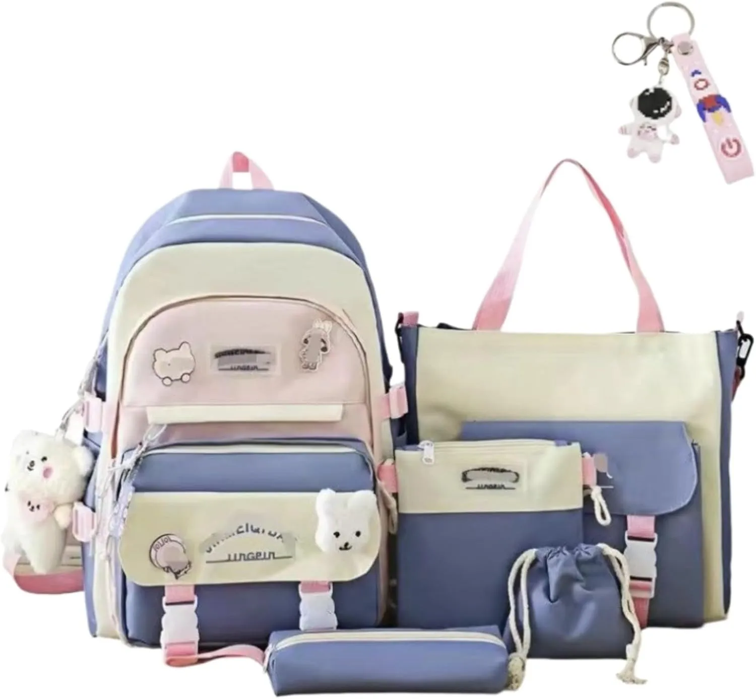 Kawaii 5-piece backpack set, cute school aesthetic schoolbag, youth supplies backpack set and accessories (Blue Schoolbag6, 16.92x12.2x6.29 inch)