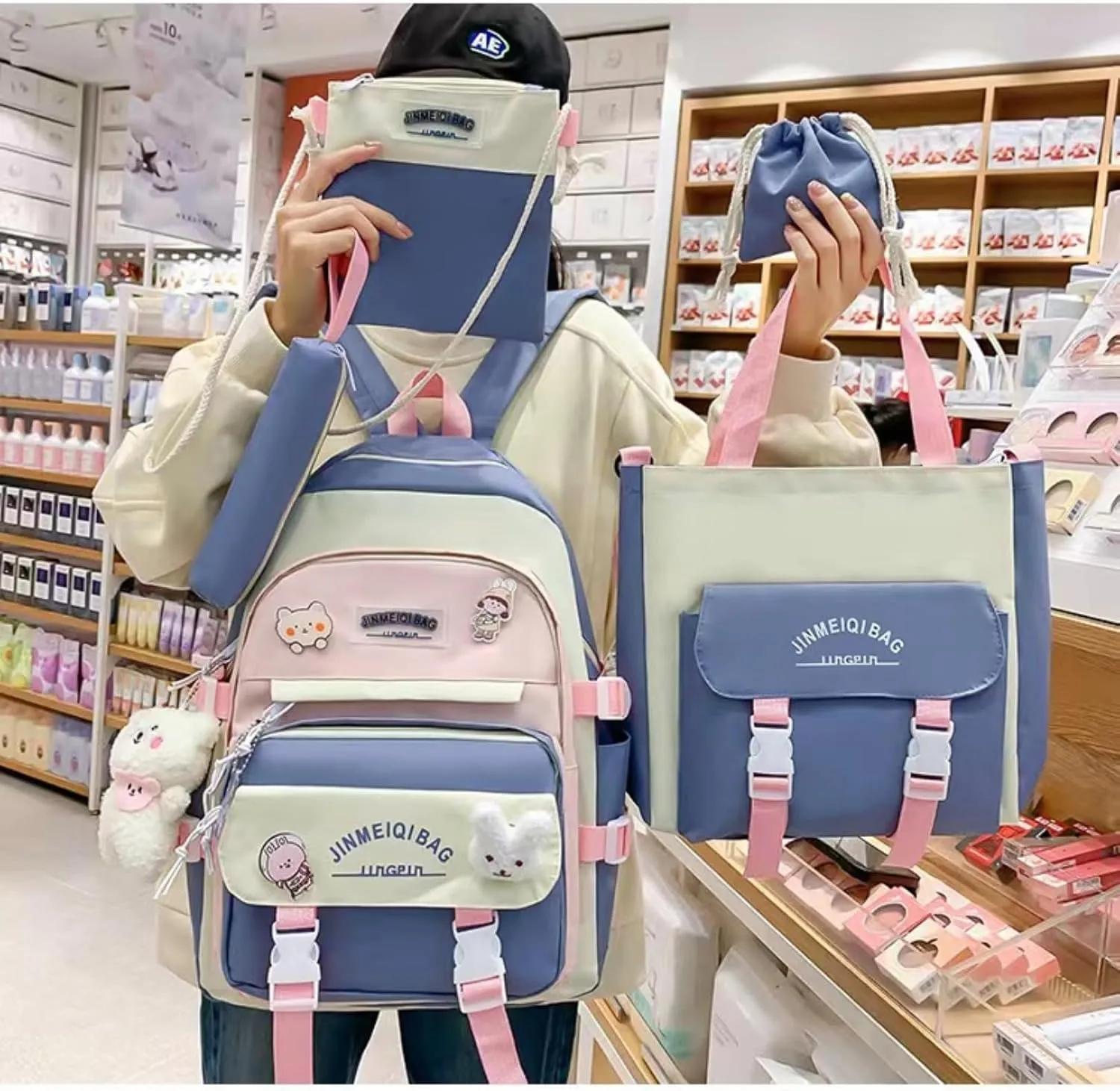 Kawaii 5-piece backpack set, cute school aesthetic schoolbag, youth supplies backpack set and accessories (Blue Schoolbag6, 16.92x12.2x6.29 inch)
