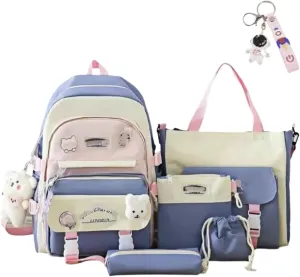 Kawaii 5-piece backpack set, cute school aesthetic schoolbag, youth supplies backpack set and accessories (Blue Schoolbag6, 16.92x12.2x6.29 inch)
