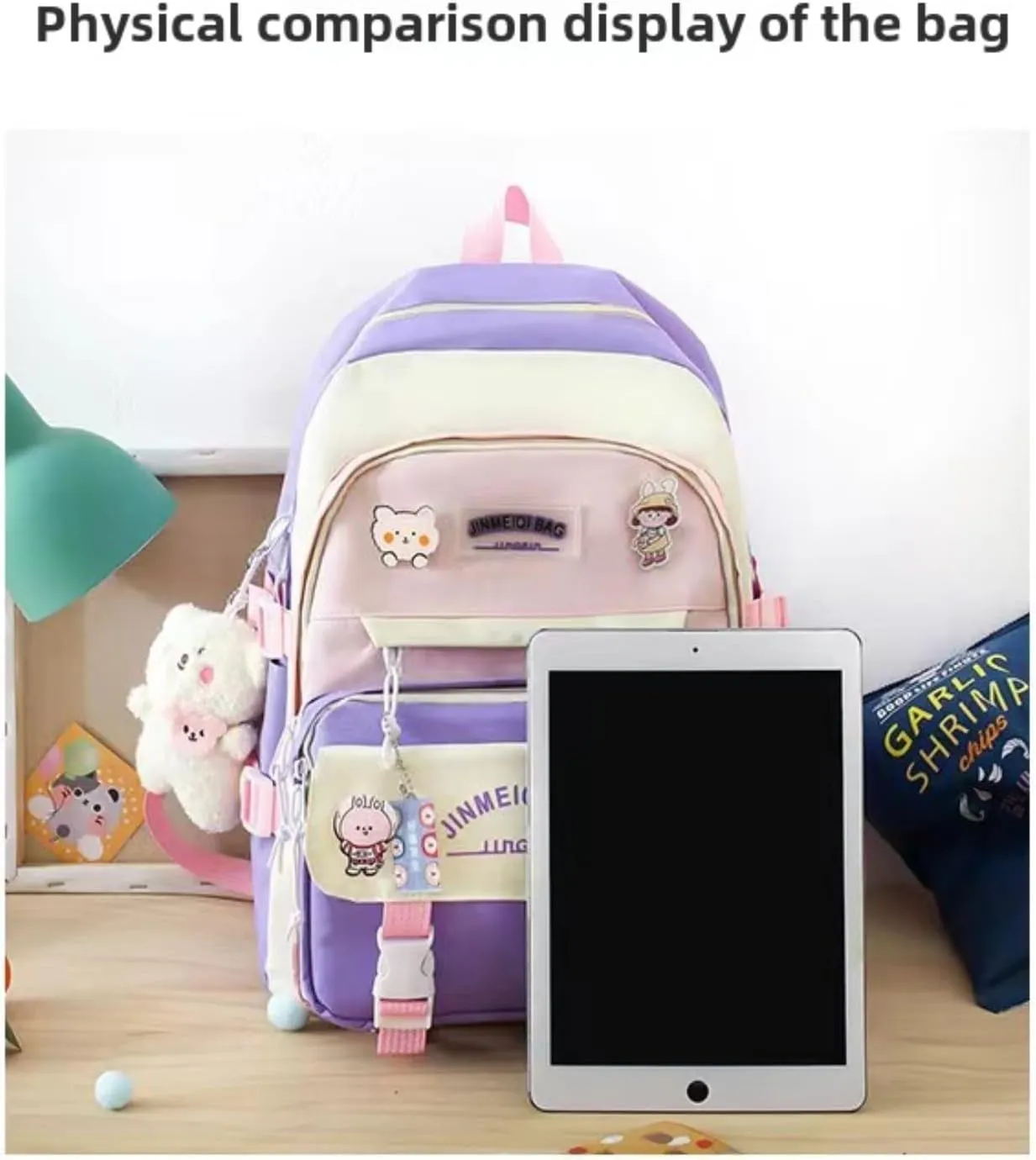 Kawaii 5-piece backpack set, cute school aesthetic schoolbag, youth supplies backpack set and accessories (Blue Schoolbag6, 16.92x12.2x6.29 inch)