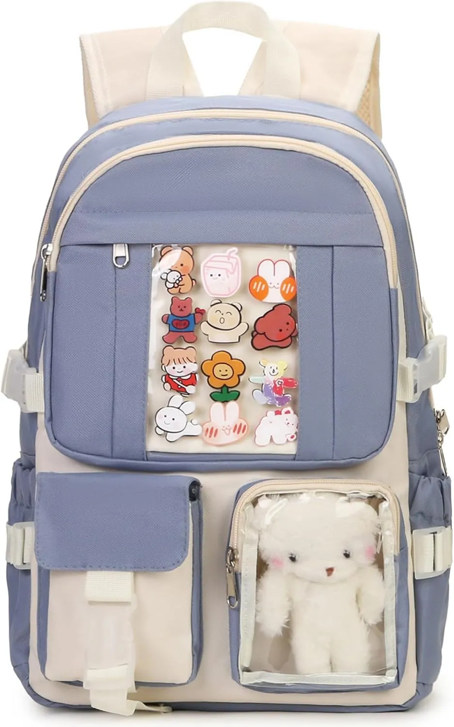 Kawaii Backpack for Teen Girls, Cute Aesthetic High Middle School College Bookbag with Accessories, Blue and Beige