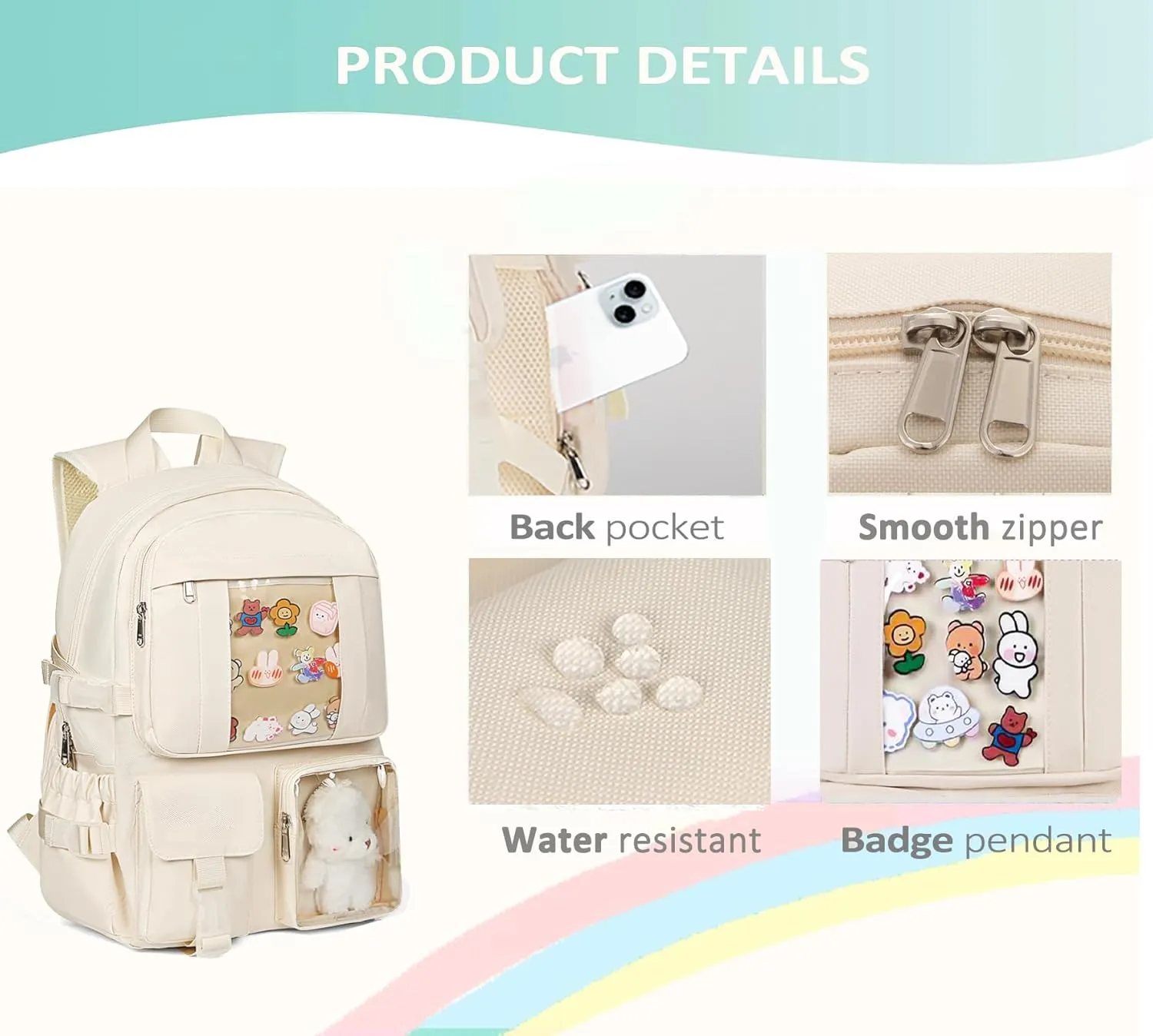 Kawaii Backpack for Teen Girls, Cute Aesthetic High Middle School College Bookbag with Accessories, Grey Flower