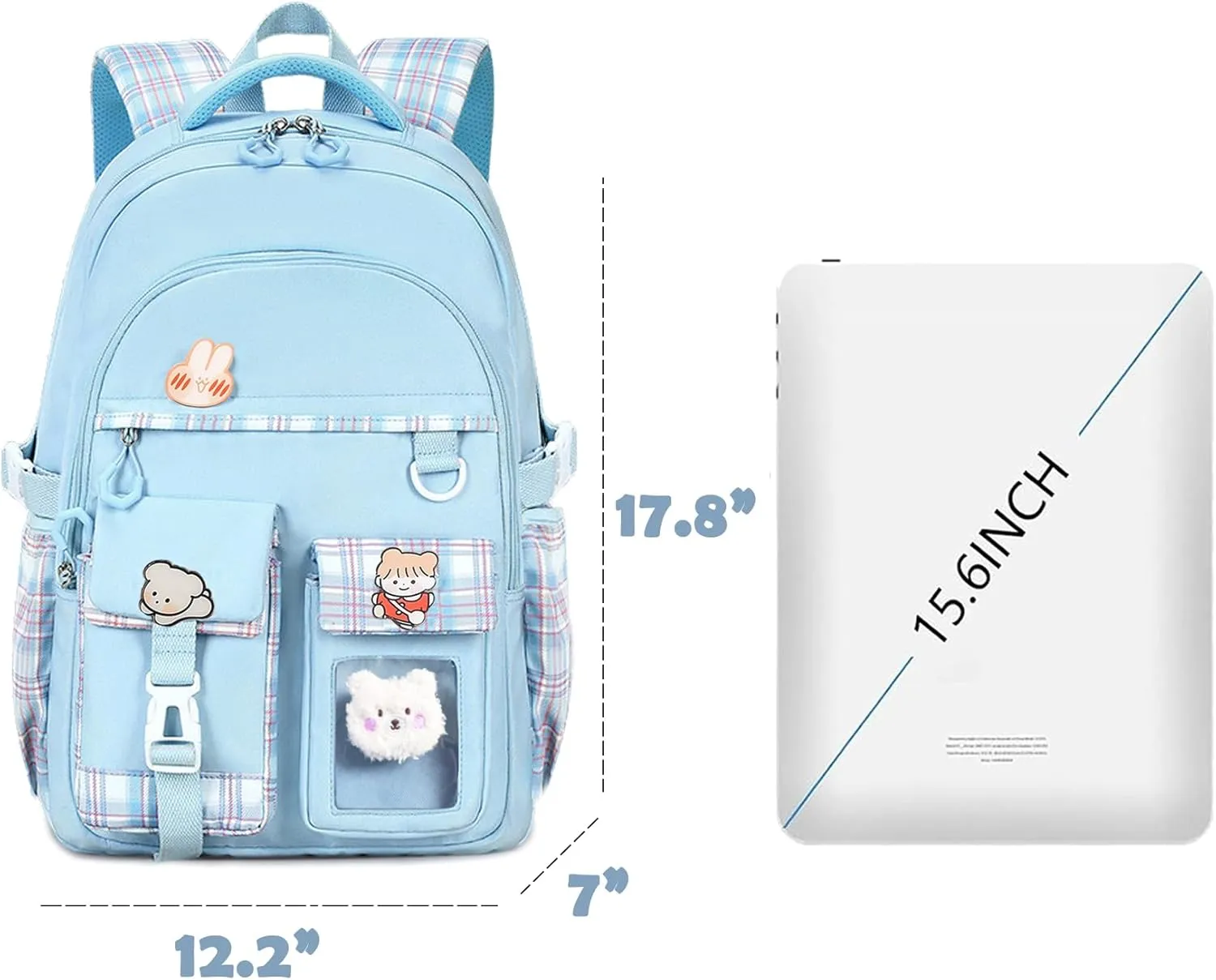 Kids Backpack for Girls Teens, Kawaii Backpack for School, Cute Bookbag for Primary Elementary with Accessories, Blue