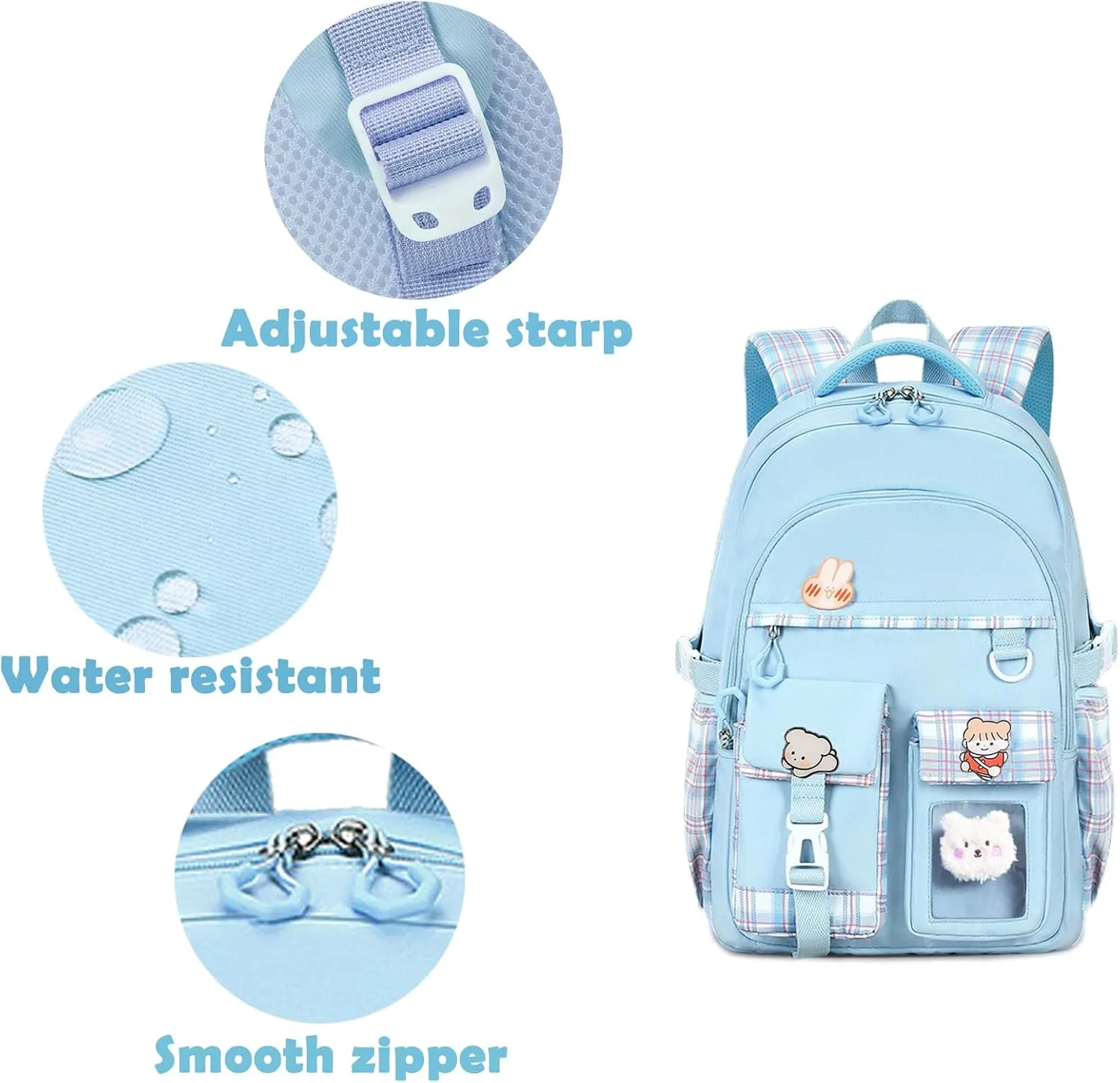 Kids Backpack for Girls Teens, Kawaii Backpack for School, Cute Bookbag for Primary Elementary with Accessories, Blue