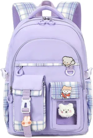 Kids Backpack for Girls Teens, Kawaii Backpack for School, Cute Bookbag for Primary Elementary with Accessories, Purple