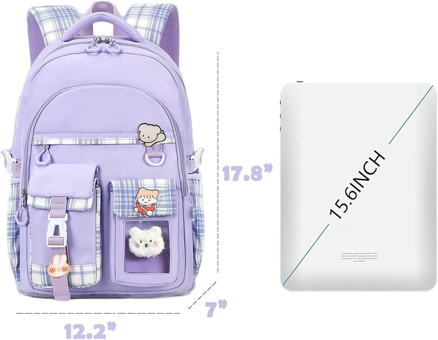 Kids Backpack for Girls Teens, Kawaii Backpack for School, Cute Bookbag for Primary Elementary with Accessories, Purple