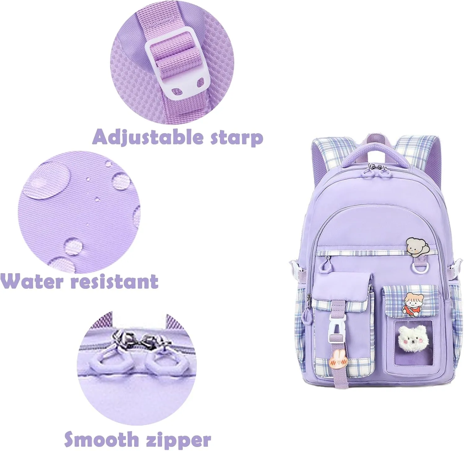 Kids Backpack for Girls Teens, Kawaii Backpack for School, Cute Bookbag for Primary Elementary with Accessories, Purple