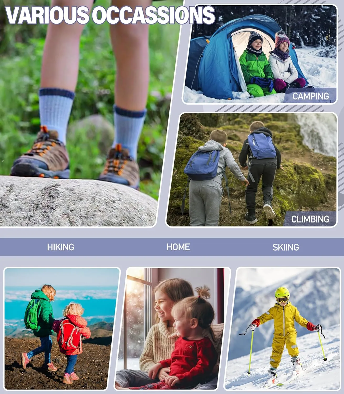 Kids Merino Wool Hiking Socks Boys Girls Toddlers Winter Warm Thick Thermal Cushion Crew Gift Socks 6 Pairs