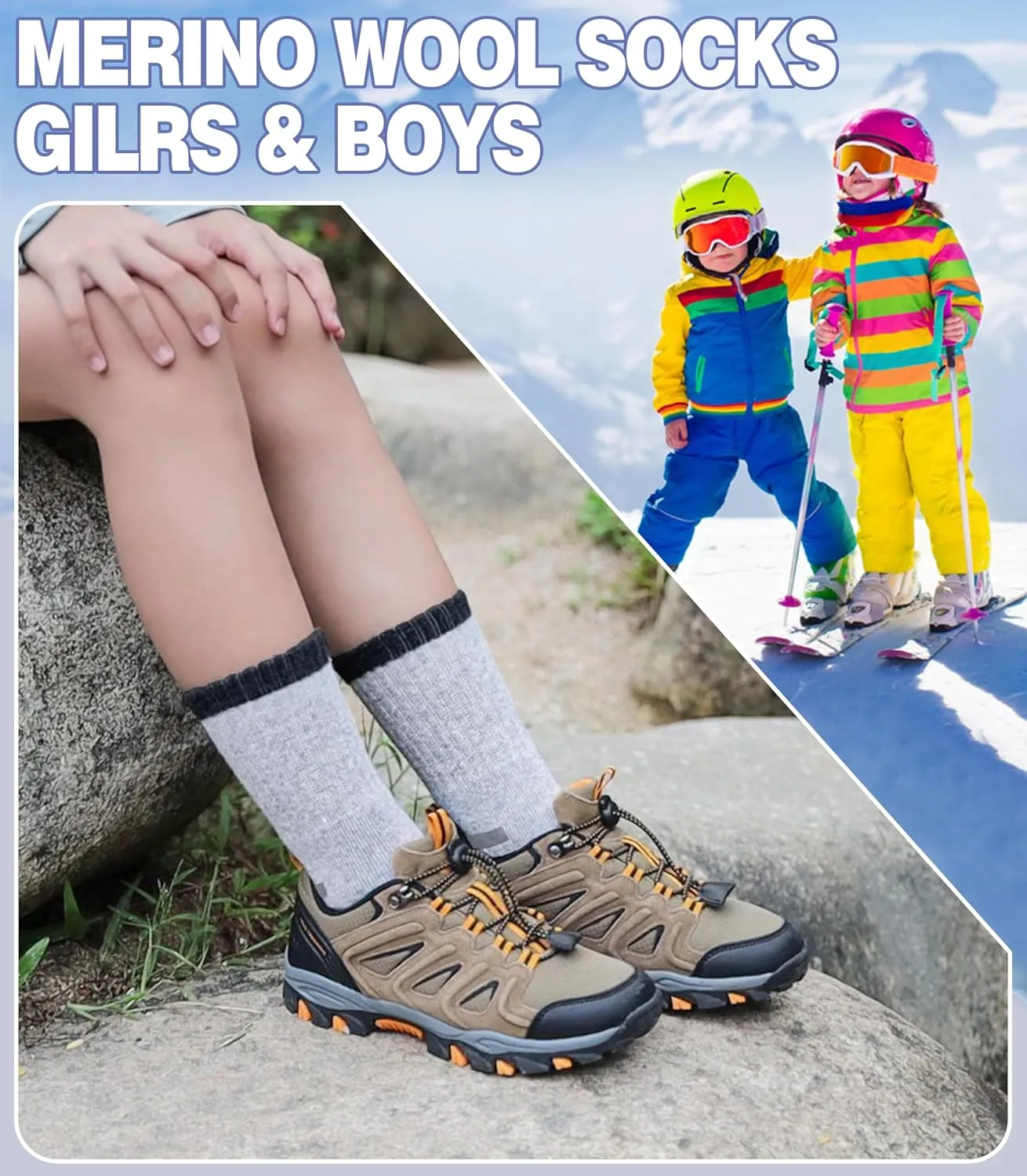 Kids Merino Wool Hiking Socks Boys Girls Toddlers Winter Warm Thick Thermal Cushion Crew Gift Socks 6 Pairs