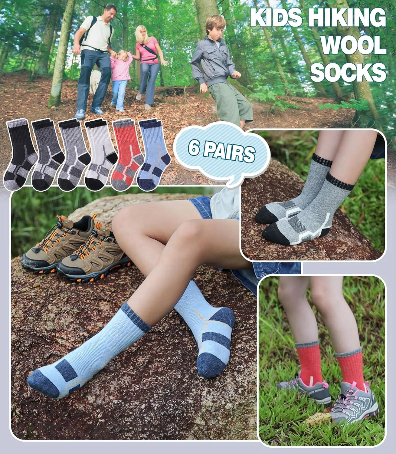 Kids Merino Wool Hiking Socks Boys Girls Toddlers Winter Warm Thick Thermal Cushion Crew Gift Socks 6 Pairs