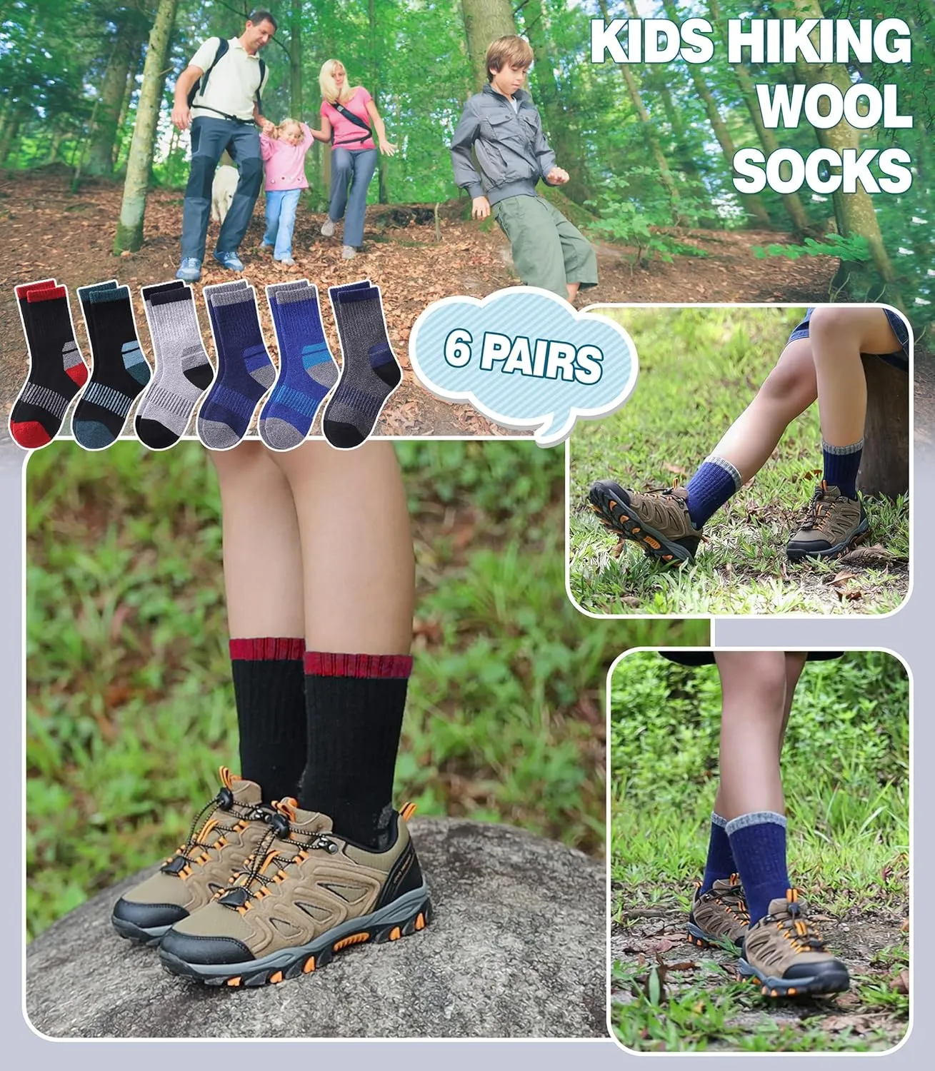 Kids Merino Wool Hiking Socks Boys Girls Toddlers Winter Warm Thick Thermal Cushion Crew Gift Socks 6 Pairs