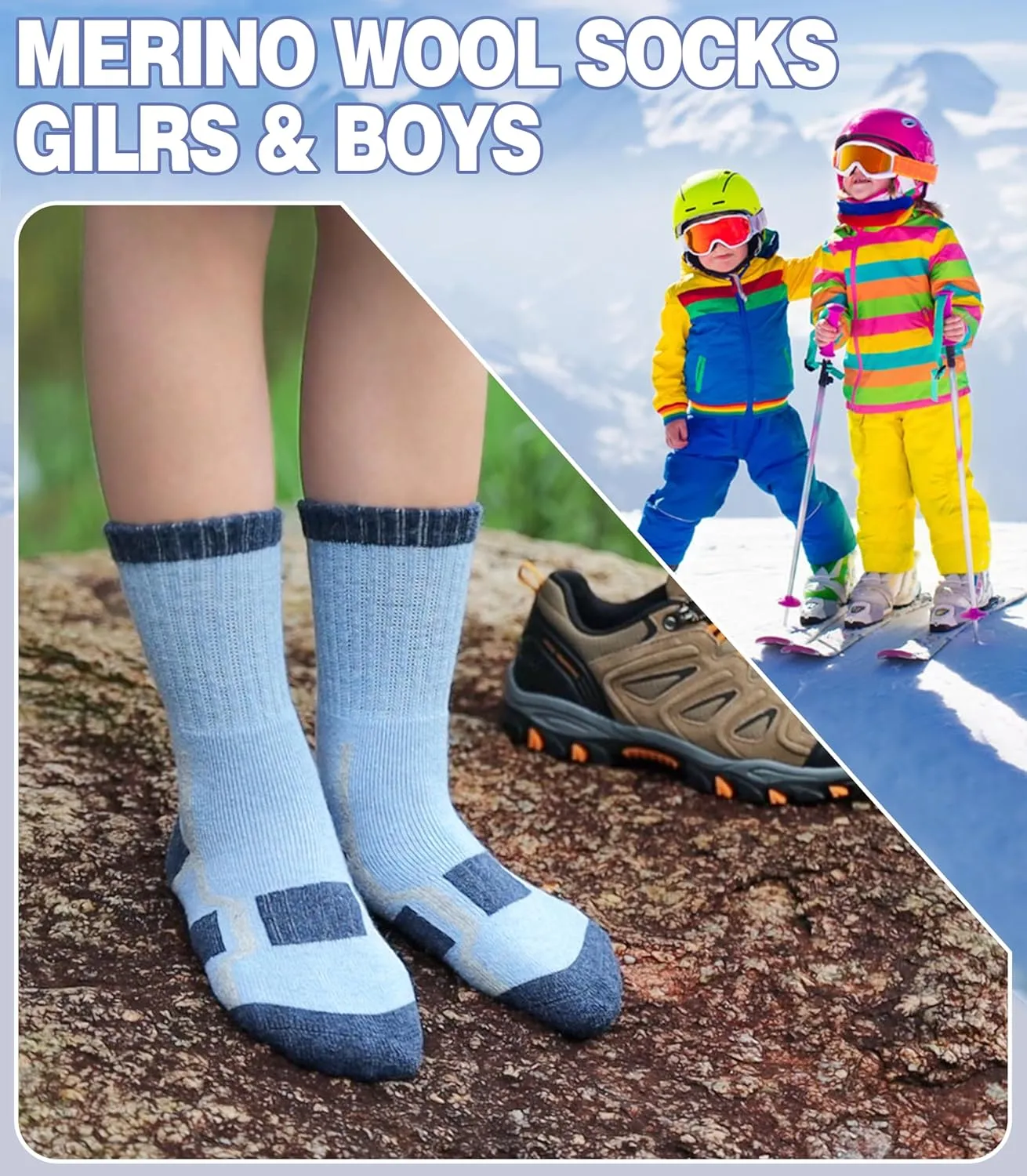 Kids Merino Wool Hiking Socks Boys Girls Toddlers Winter Warm Thick Thermal Cushion Crew Gift Socks 6 Pairs