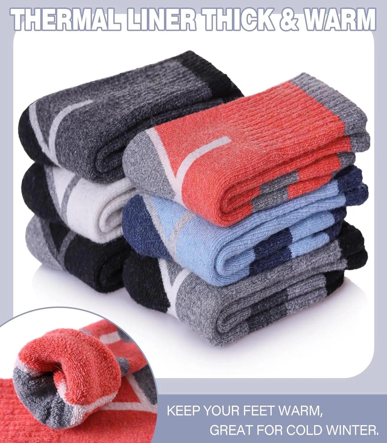 Kids Merino Wool Hiking Socks Boys Girls Toddlers Winter Warm Thick Thermal Cushion Crew Gift Socks 6 Pairs