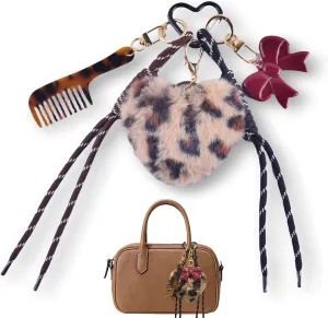 KJML DIY Leopard Print Bag Charms Purse Accessories for Women - Heart Bow French Combs Keychain Gold Trendy