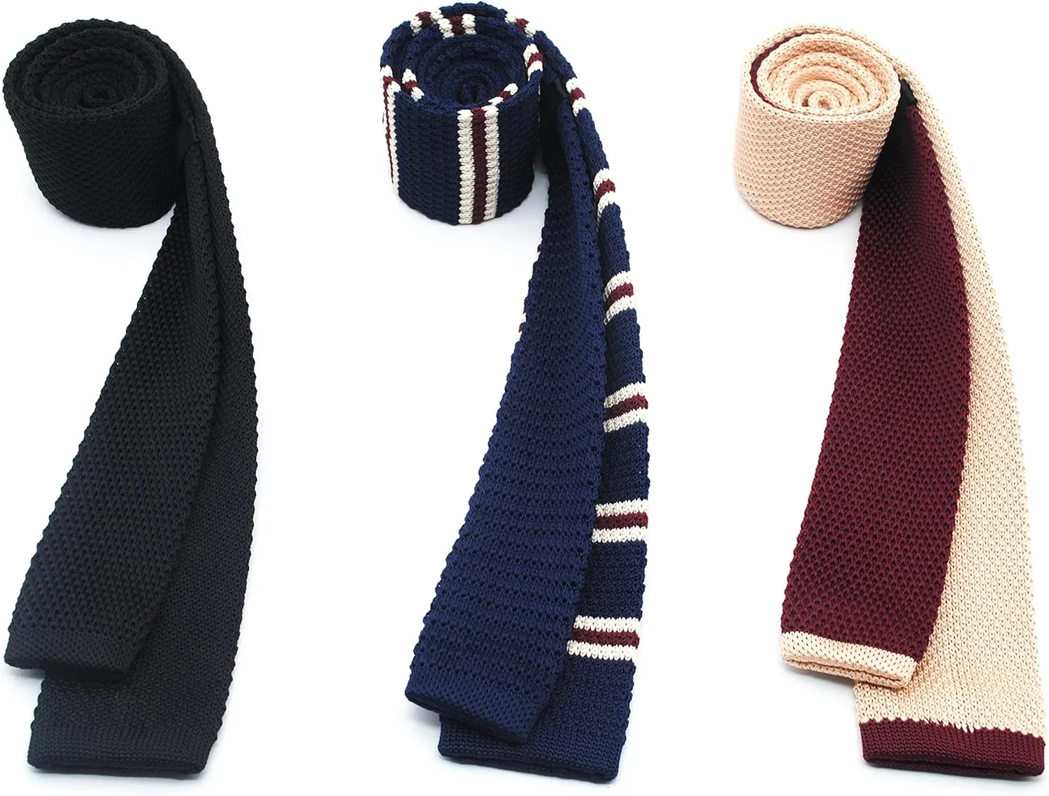 Knit Ties for Men, Wrinkle Proof, Machine Washable, 2.35 inch Skinny Ties, Flat-end Sock Ties, 3-Pack