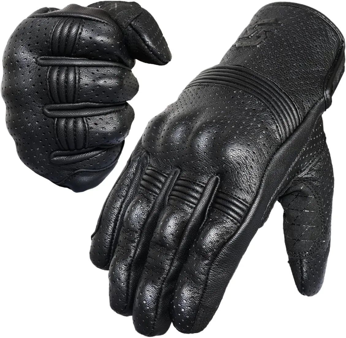 Leather Motorcycle Gloves for Men and Women | Touchscreen | Full Finger | Goatskin Perforated Hard Knuckle Motorcycle Riding Gloves (S, Perforated)