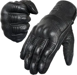 Leather Motorcycle Gloves for Men and Women | Touchscreen | Full Finger | Goatskin Perforated Hard Knuckle Motorcycle Riding Gloves (S, Perforated)