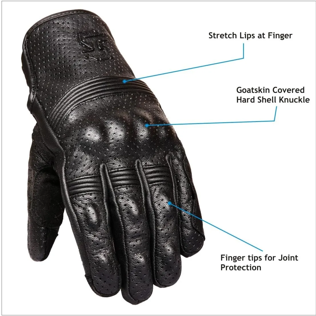 Leather Motorcycle Gloves for Men and Women | Touchscreen | Full Finger | Goatskin Perforated Hard Knuckle Motorcycle Riding Gloves (S, Perforated)