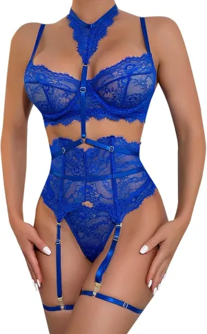 Lingerie Sets for Women Sexy Eyelash Crochet Garter Babydol Babydoll Bodysuit Flower Mesh Bralette,