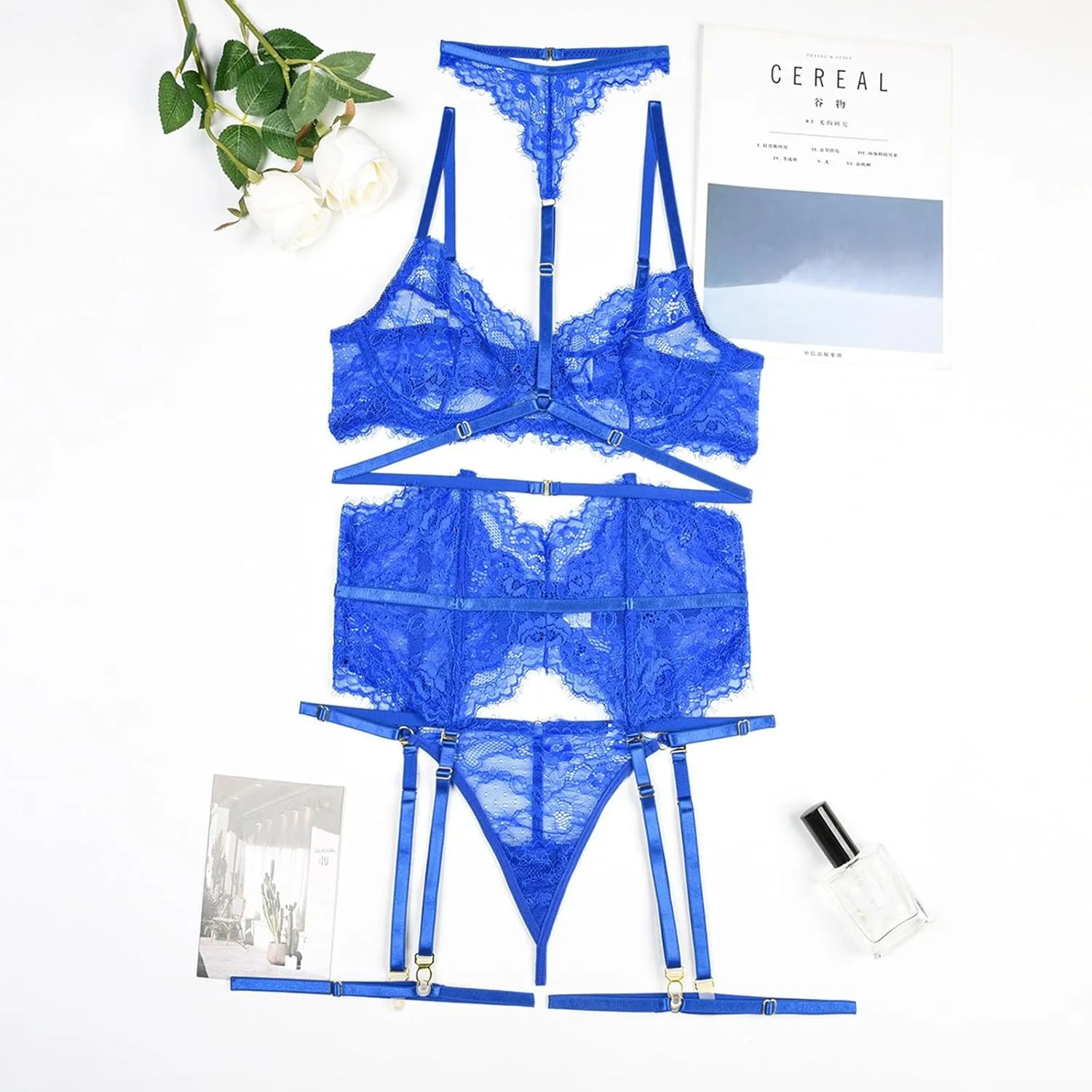 Lingerie Sets for Women Sexy Eyelash Crochet Garter Babydol Babydoll Bodysuit Flower Mesh Bralette,