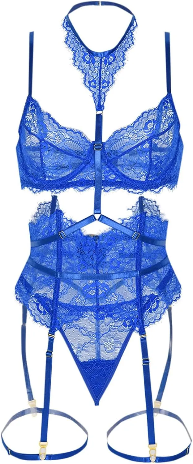 Lingerie Sets for Women Sexy Eyelash Crochet Garter Babydol Babydoll Bodysuit Flower Mesh Bralette,