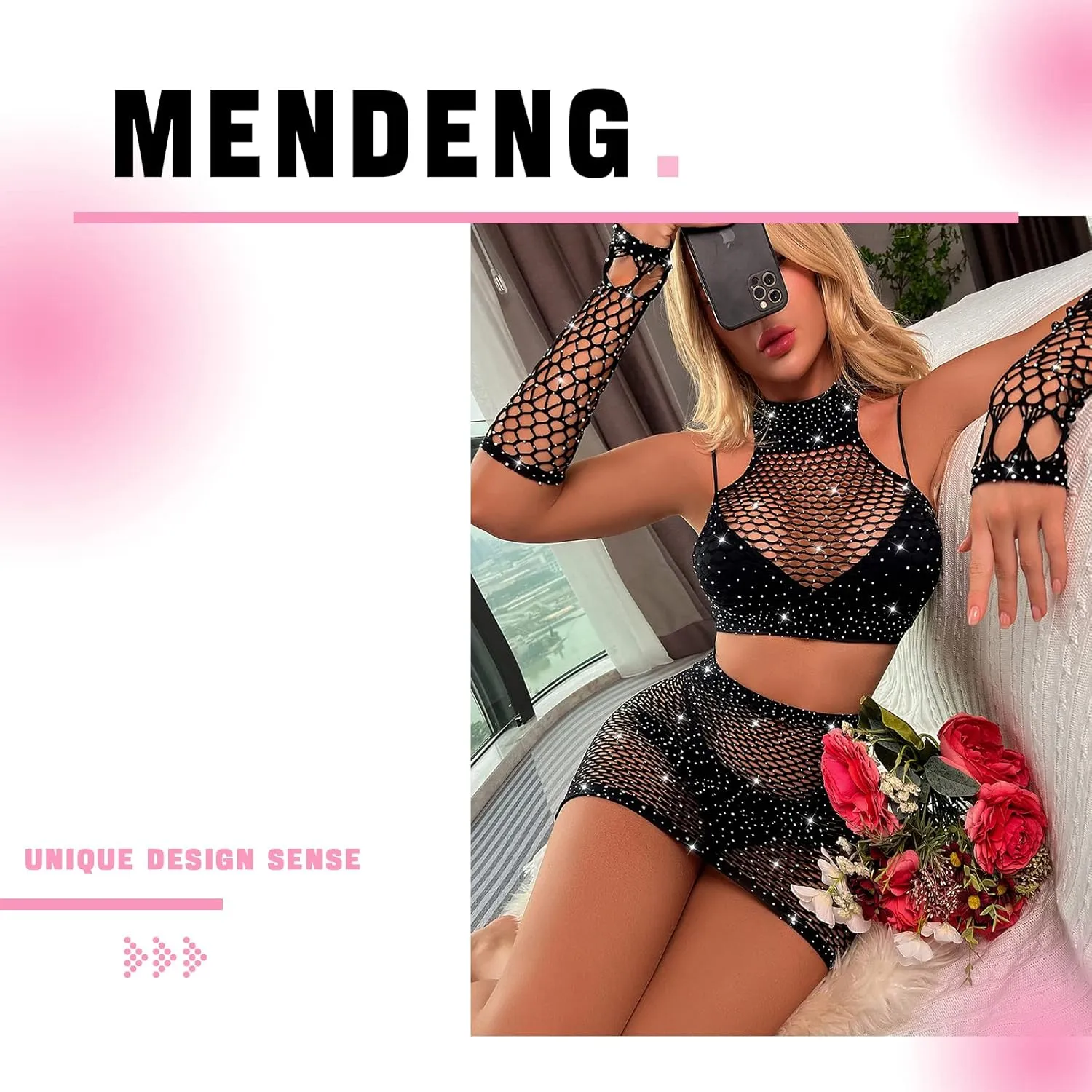 MENDENG Women's Exotic Lingerie Sets Lace Heart Embroidery Garter Set Lingerie for Women