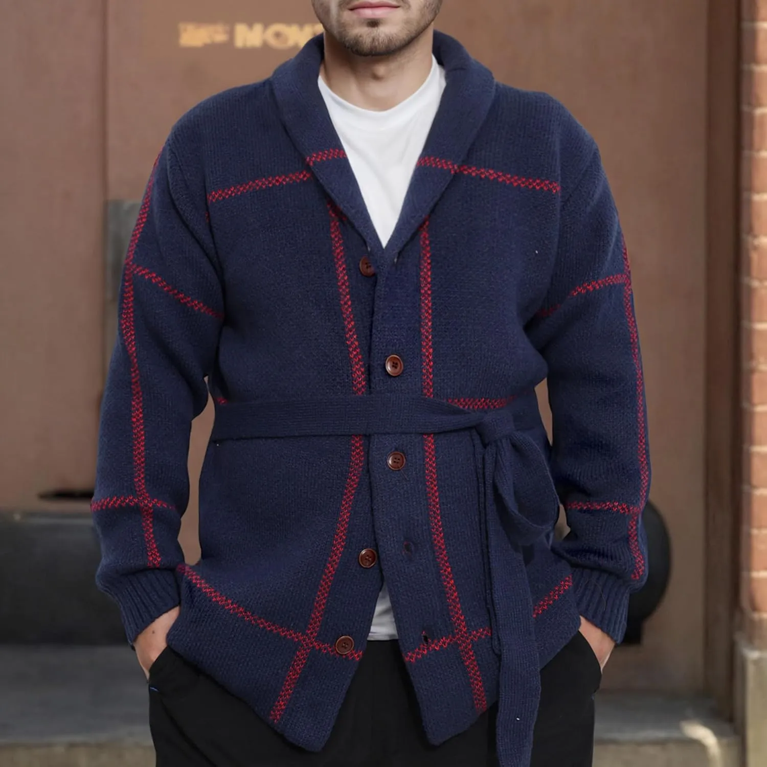 Men's Cardigan Sweaters Fall Lapel Cable Heavy Weight Knitwear Button Down Shawl Collar Outwear With Belts