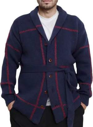 Men's Cardigan Sweaters Fall Lapel Cable Heavy Weight Knitwear Button Down Shawl Collar Outwear With Belts