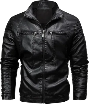 Men's Lapel Leather Jacket Causal Faux Leather Motorcycle Leatherwear Vintage Zipper Biker Bomber Long Sleeves Coats