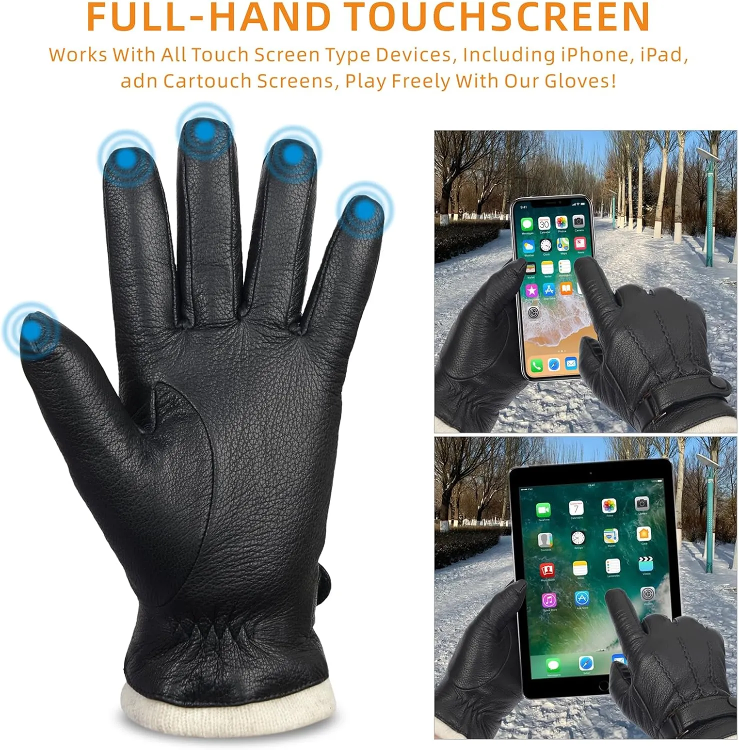 Mens Leather Gloves Mens Dress Glove Touchscreen Winter Gloves for Men Driving Gloves Cashmere Lined M051US-T