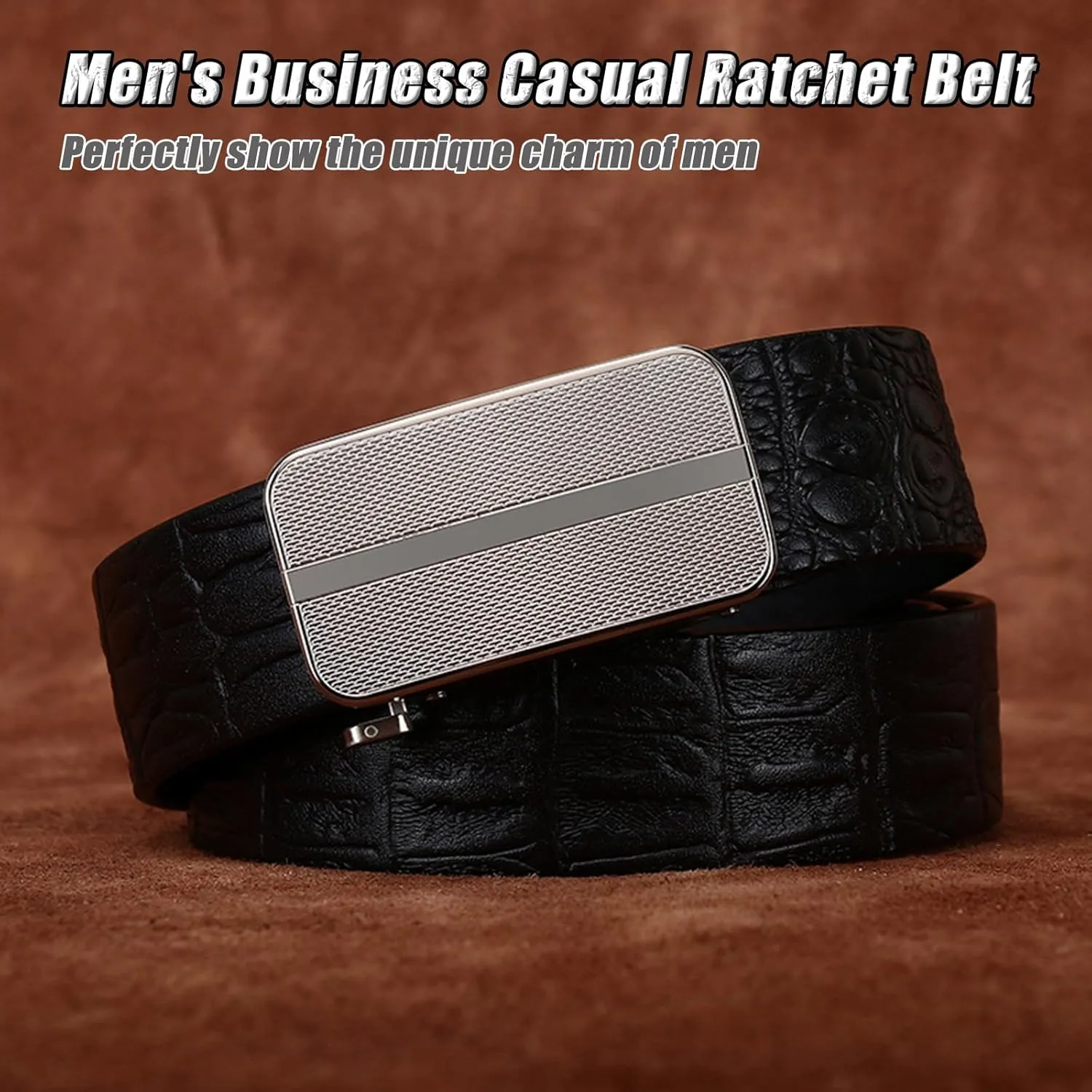 Men's Ratchet Leather Belt with Crocodile Pattern, Automatic Buckle, Casual Business Dress Belt,Black a,115CM/45.3''