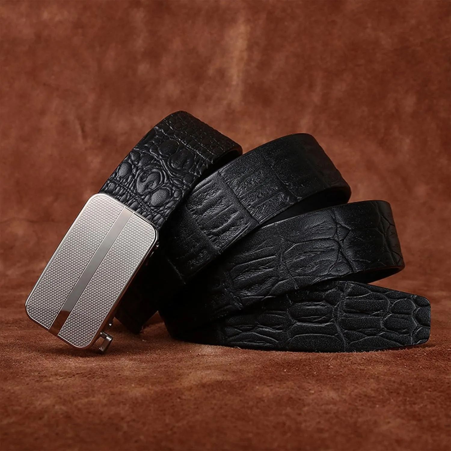 Men's Ratchet Leather Belt with Crocodile Pattern, Automatic Buckle, Casual Business Dress Belt,Black a,115CM/45.3''
