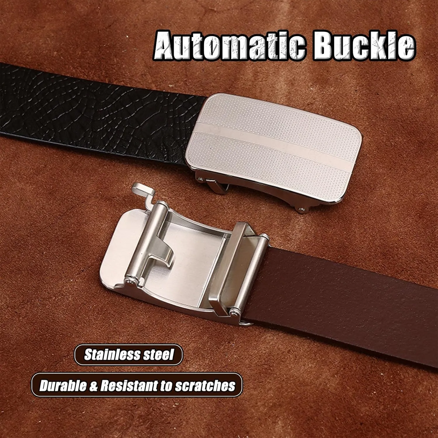 Men's Ratchet Leather Belt with Crocodile Pattern, Automatic Buckle, Casual Business Dress Belt,Black a,115CM/45.3''